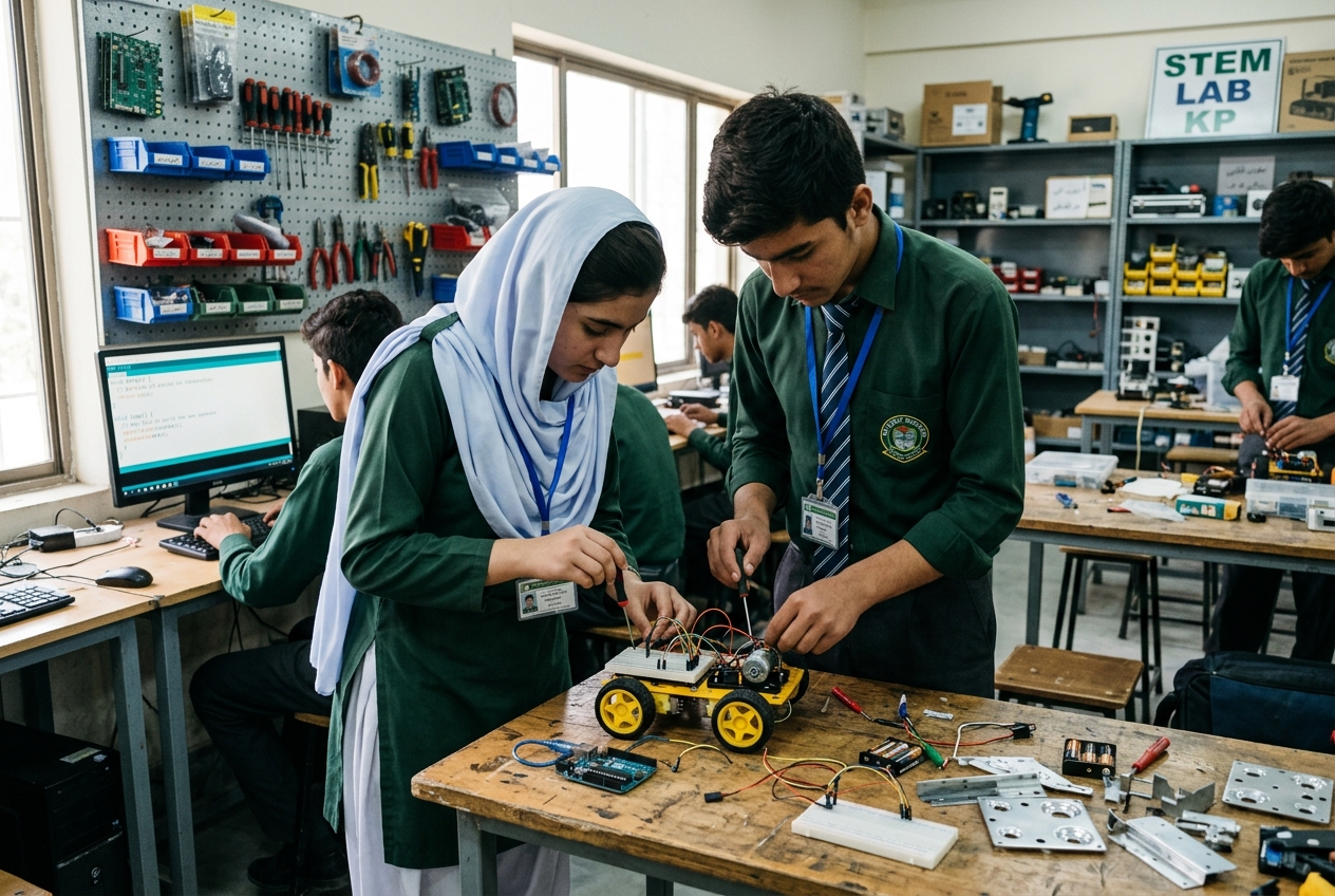 Students in STEM lab assembling mobile robot chassis